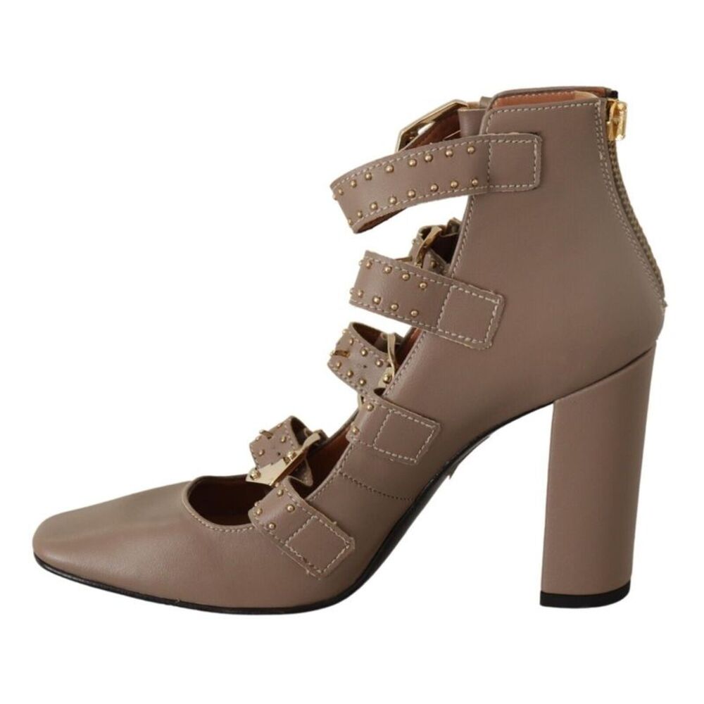 MY TWIN Brown Leather Block Heels Multi Buckle Pumps Women's Shoes
